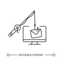 Email phishing line icon. Break in to online accounts. Sending letters with deceptive links. Stealing data. Isolated illustration. Outline symbol. Simple linear drawing. Editable stroke vector