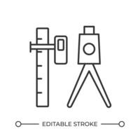 Geodesist tools line icon. Theodolite and prism. Geodetic survey equipment. Ground exploration expedition. Isolated illustration. Outline symbol. Simple linear drawing. Editable stroke vector