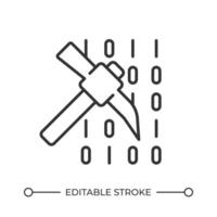 Data mining line icon. Pickaxe with binary code. Identify patterns and relationships in datasets. Solving problems. Isolated illustration. Outline symbol. Simple linear drawing. Editable stroke vector