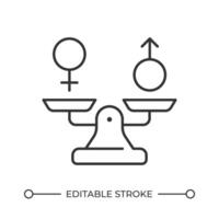 Gender equality line icon. Male and female symbols on balance scale. Inclusion and equal opportunity program. Isolated illustration. Outline symbol. Simple linear drawing. Editable stroke vector