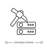 Mining line icon. Pickaxe near servers. Cryptocurrency extraction technology. Process blockchain networks. Isolated illustration. Outline symbol. Simple linear drawing. Editable stroke vector