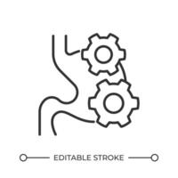 Digestive system line icon. Human stomach with cogwheels. Healthy digestion function. Anatomy researching. Isolated illustration. Outline symbol. Simple linear drawing. Editable stroke vector