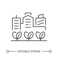 Urban gardening line icon. Planting trees in city environment. Nature area development in megapolis. Ecology. Isolated illustration. Outline symbol. Simple linear drawing. Editable stroke vector