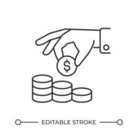 Hand putting coin on stack line icon. Savings investment program. Money earnings amount. Business profit. Isolated illustration. Outline symbol. Simple linear drawing. Editable stroke vector