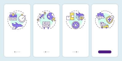 Air traffic control benefits onboarding mobile app screen. Walkthrough 4 steps editable graphic instructions with linear concepts. UI, UX, GUI vector