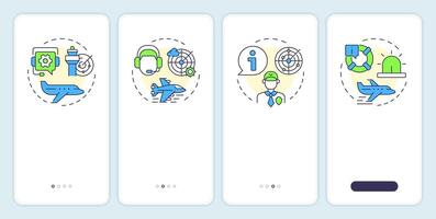 Air traffic services onboarding mobile app screen. Inflight communication. Walkthrough 4 steps editable graphic instructions with linear concepts. UI, UX, GUI vector
