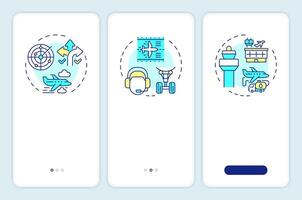 Air traffic control onboarding mobile app screen. Aircraft tracking. Walkthrough 3 steps editable graphic instructions with linear concepts. UI, UX, GUI vector