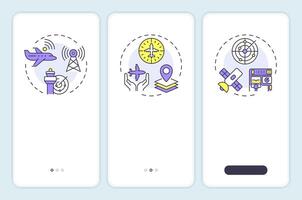 Air navigation service onboarding mobile app screen. Technology, system. Walkthrough 3 steps editable graphic instructions with linear concepts. UI, UX, GUI vector