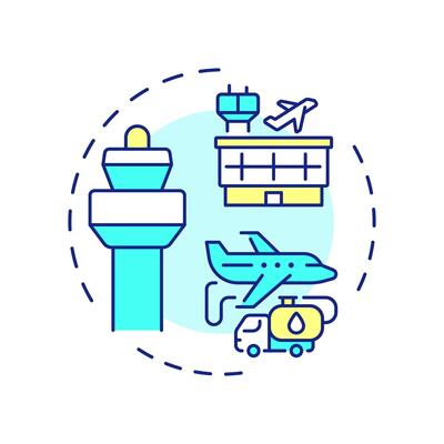 Aerodrome control multi color concept icon. Aircraft fueling. Air traffic towers. Service, technology. Round shape line illustration. Abstract idea. Graphic design. Easy to use in article, blog post