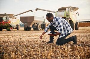Control, of the quality of the product, the wheat. Beautiful African American man is in the agricultural field photo