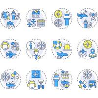 Air traffic management multi color concept icons. Flight organization. Communication, navigation. Icon pack. Round shape illustrations for article, blog post. Abstract idea vector