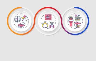 Flight management services infographics circles sequence. Aircraft tracking, monitoring. Visualization layout with 3 steps. Info chart loop process presentation vector