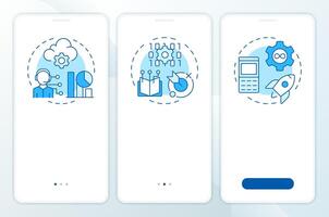 ITSM methodologies blue onboarding mobile app screen. IT service. Walkthrough 3 steps editable graphic instructions with linear concepts. UI, UX, GUI vector