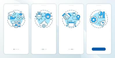 Service management blue onboarding mobile app screen. IT infrastructure. Walkthrough 4 steps editable graphic instructions with linear concepts. UI, UX, GUI vector