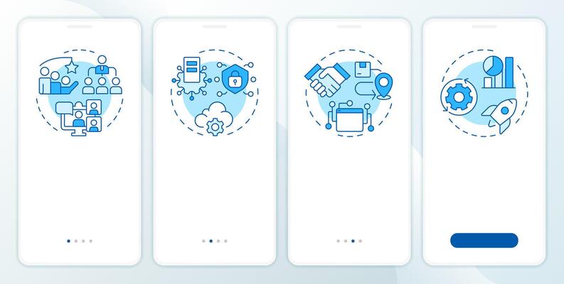 Service management blue onboarding mobile app screen. IT infrastructure. Walkthrough 4 steps editable graphic instructions with linear concepts. UI, UX, GUI