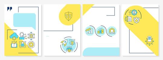 ITIL service blue and yellow brochure layout. Software development, knowledge management. Leaflet advertising design with color line icons. Editable 4 pages vector