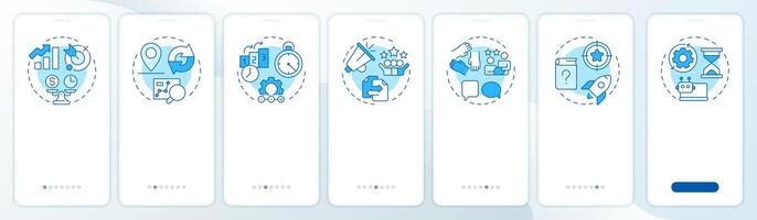 ITIL principles blue onboarding mobile app screen. Collaboration, teamwork. Walkthrough 7 steps editable graphic instructions with linear concepts. UI, UX, GUI vector