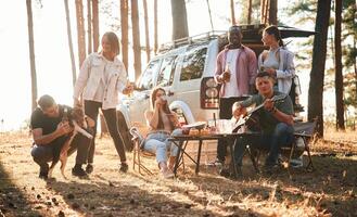 Drinking, eating,, playing with dog,. Group of friends are together in the forest photo