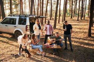 Against the car. Group of friends are together in the forest photo