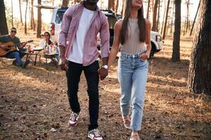 Couple are holding each other by ,the, hands, walking. Group of friends are together in the forest photo