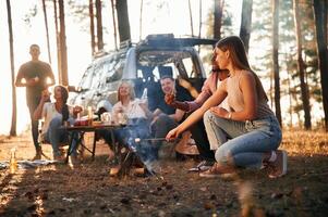 Time for preparing marshmallows ,on bonfire. Group of friends are together in the forest photo
