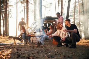 Sweet marshmallows ,,on the bonfire. Group of friends are together in the forest photo