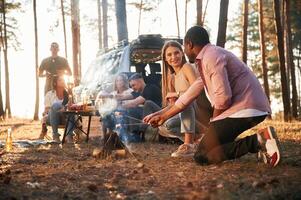 Time, for, preparing marshmallows on bonfire. Group of friends are together in the forest photo