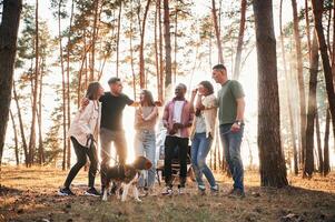 Full height photo,, standing with dog. Group of friends are together in the forest photo