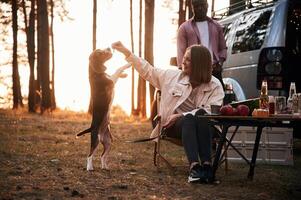 Man and woman ,are together in the forest with the dog near the car photo