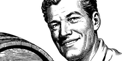 Smiling male with vintage style illustration in black and white. vector