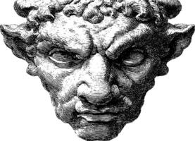 Intricate line art of a demon face with intense expression and horns. vector