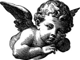 Vintage engraved illustration of a cute baby angel in black and white for art and decor. vector