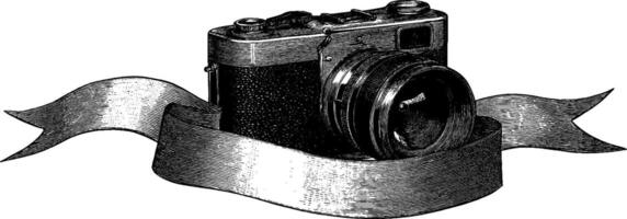 Vintage camera with ribbon - classic engraved design for art prints and retro themes. vector