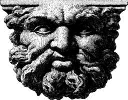 Detailed engraving of mythical bearded man's face with intense expression. vector