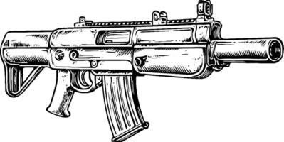 A detailed illustration of a submachine gun, showcasing its sleek design and features. The gun is depicted in a side view, highlighting the barrel, magazine, and trigger. vector