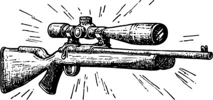 An illustration of a sniper rifle with a scope, depicted in a vintage style. The rifle is detailed with a wooden stock and metallic barrel, surrounded by dynamic lines suggesting motion or focus. vector