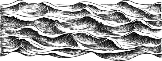 An intricate black and white illustration of ocean waves, showcasing detailed lines and textures that depict the movement and rhythm of the sea. vector