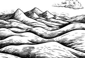 A black and white illustration of rolling hills and mountains, featuring smooth curves and peaks under a cloud-filled sky. The landscape has a hand-drawn style, emphasizing texture and depth. vector