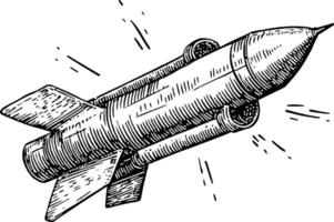 A detailed illustration of a rocket, showcasing its cylindrical body, fins, and exhaust nozzles. The rocket appears to be in motion, with lines indicating speed. vector