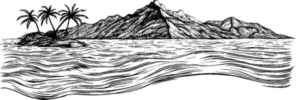 A hand-drawn illustration of a tropical island featuring palm trees, surrounded by waves and mountains in the background. vector