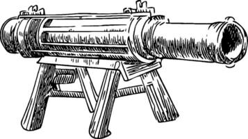 An illustration of a vintage cannon mounted on a wooden carriage. The cannon features a long barrel and is depicted in a sketch style, emphasizing its historical design. vector