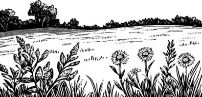 A black and white illustration of a serene landscape featuring a field with trees in the background and various wildflowers in the foreground. vector
