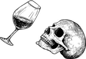 A detailed illustration featuring a skull and a tilted wine glass filled with red wine. The skull is positioned on the right, while the wine glass is on the left, creating a striking contrast between life and death. vector