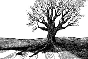A detailed black and white illustration of a barren tree with intricate branches and roots, set against a simple landscape. vector