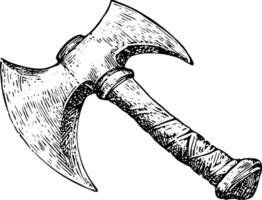 A detailed illustration of a double-headed axe with a wooden handle, showcasing intricate designs on the handle and sharp, metallic blades. vector