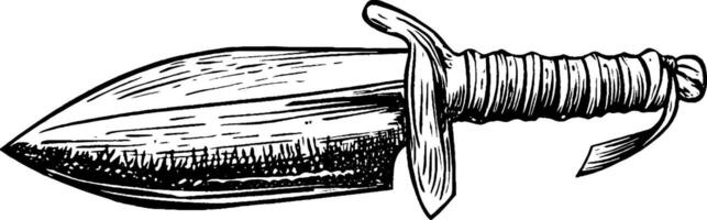 An illustration of a dagger with a pointed blade and a wrapped handle. The design features a simple cross-guard and a sharp edge, emphasizing its functionality as a weapon. vector