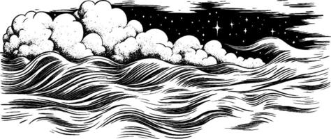 A stylized illustration of waves and clouds against a starry night sky. The waves are depicted with flowing lines, while the clouds are fluffy and textured, creating a dynamic ocean scene. vector