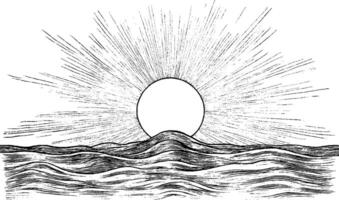 A vintage-style illustration of a sun rising over the ocean, with rays emanating from the sun and waves in the foreground. vector