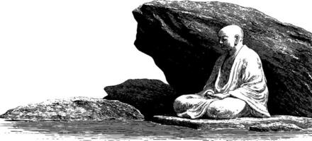 Meditative caucasian monk sitting on rocks near water in tranquil scene. vector