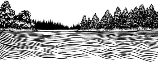 A black and white illustration of a river surrounded by trees. The river has flowing waves, and the banks are lined with various types of trees, creating a serene landscape. vector